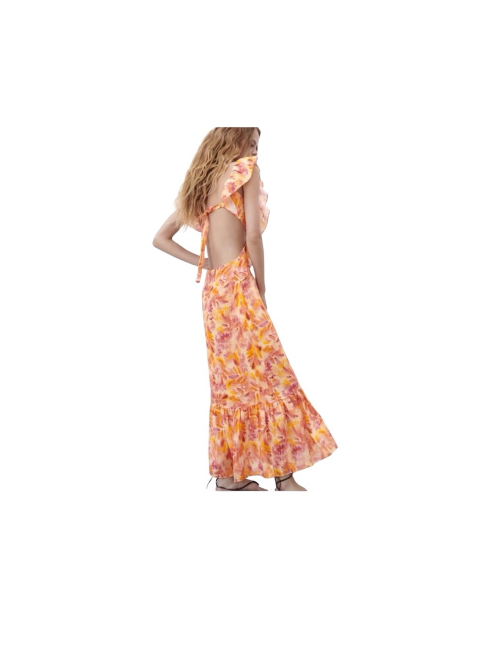 Zara Linen Ruffled Cutout Floral Midi Maxi Dress M - Picture 2 of 8